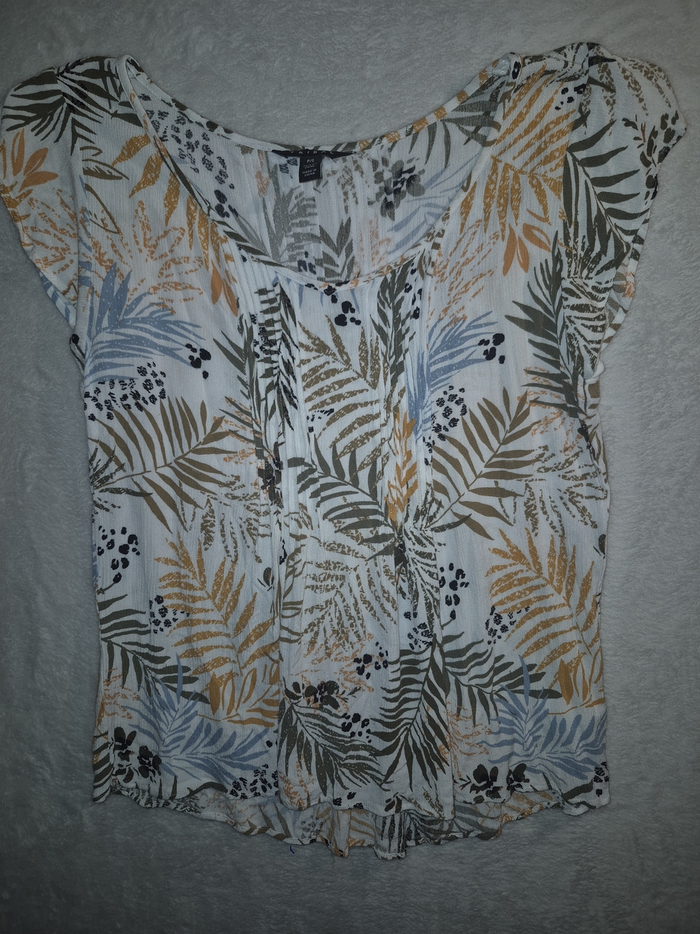Tribal Short Sleeve Palm Print Blouse - White/Blue/Olive/Gold #192